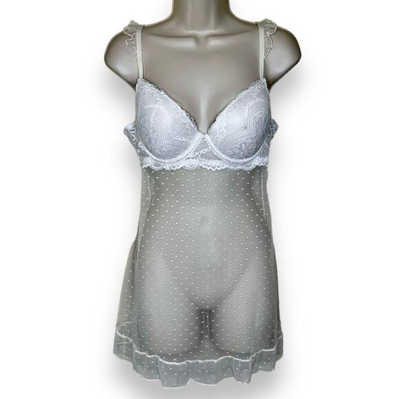 NWOT Jessica Simpson Stretch Mesh Dot Babydoll Cream Floral Lace Women Large - Picture 1 of 15